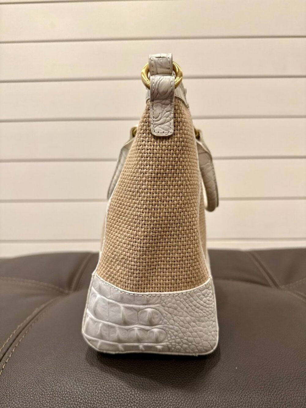 Brahmin White Croc Embossed Leather & Woven Straw Satchel Shoulder Bag - Picture 6 of 16